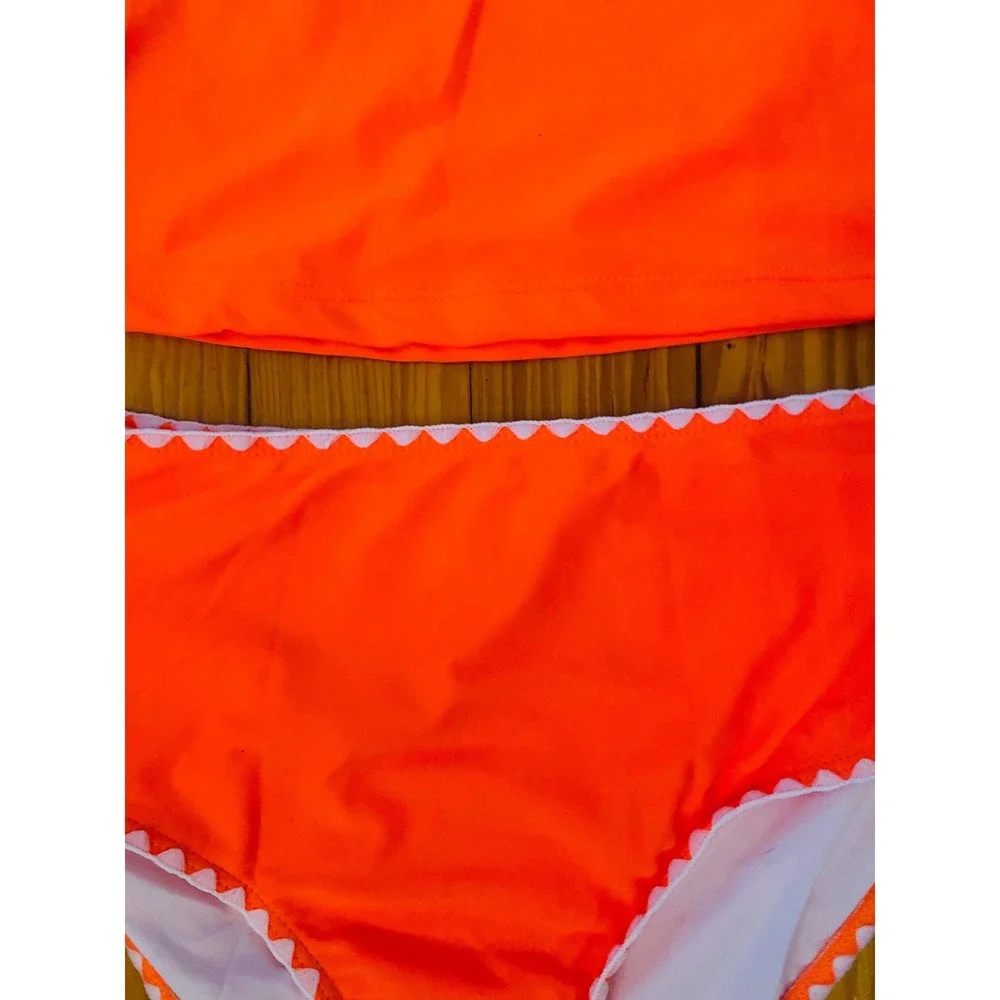 Beachsissi Womens Neon Orange Scallop Trim High Neck High Waist Bikini Set Small
